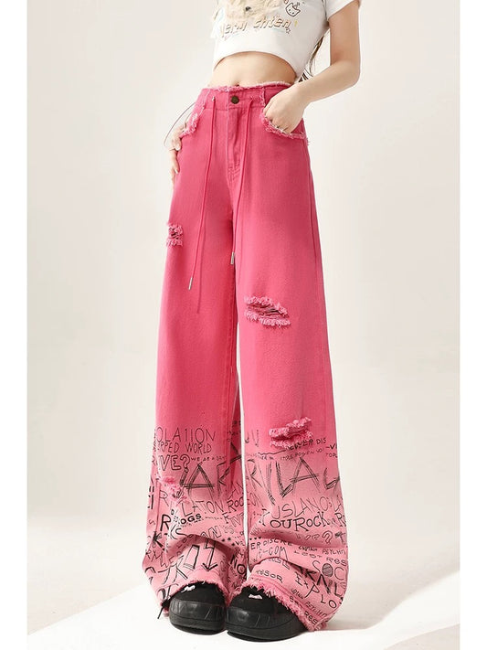 Rose red wide-leg jeans for women 2024 spring and autumn American retro high street ins style straight loose ripped pants