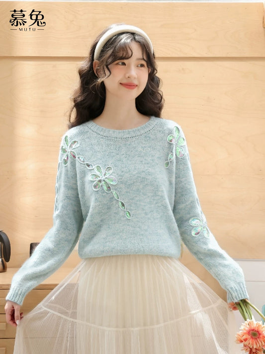 MuTu Gentle Style Patchwork Sequined Flower Sweater for Women, 2025 Winter New Style, Sweet, Loose, Soft and Cozy Knitted Top