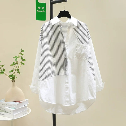 Designed black striped stitching white shirt women's 2024 spring new Korean style loose shirt mid-length top