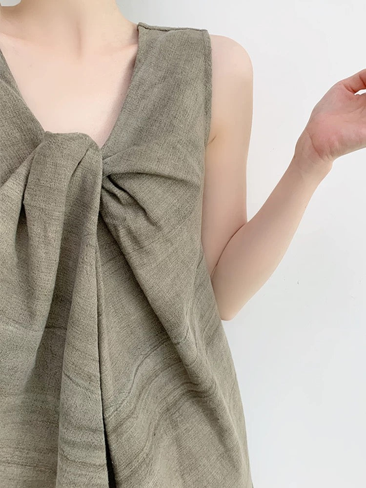 YAHI linen cotton knot design gradient texture sleeveless U-neck dress female summer A-line skirt