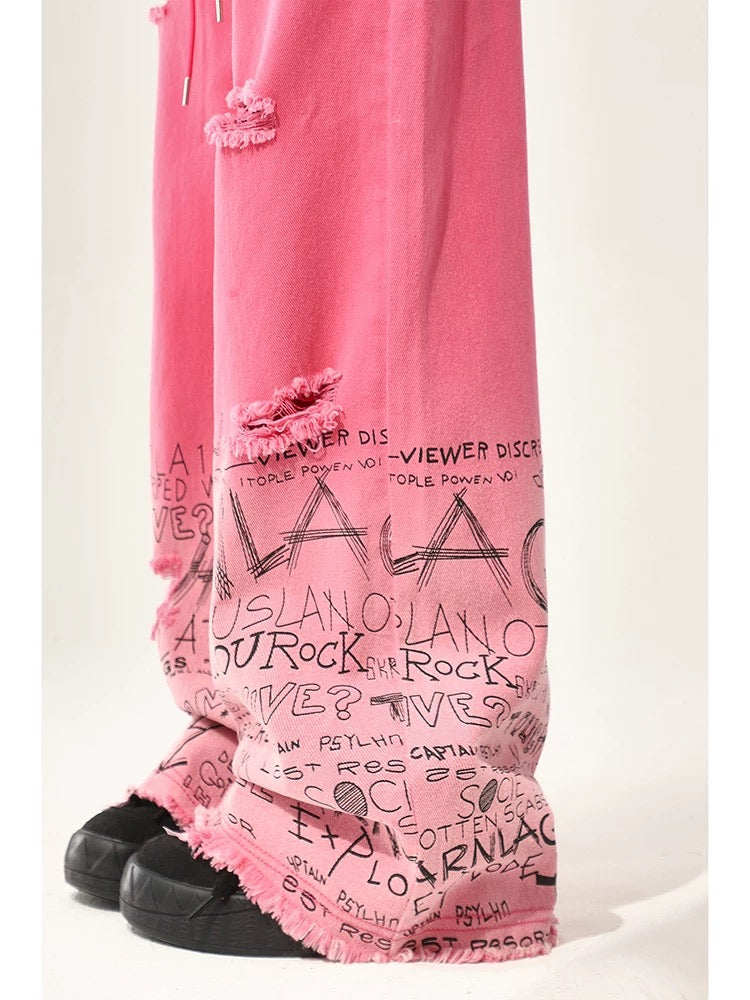 Rose red wide-leg jeans for women 2024 spring and autumn American retro high street ins style straight loose ripped pants