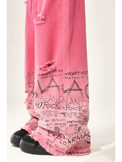 Rose red wide-leg jeans for women 2024 spring and autumn American retro high street ins style straight loose ripped pants