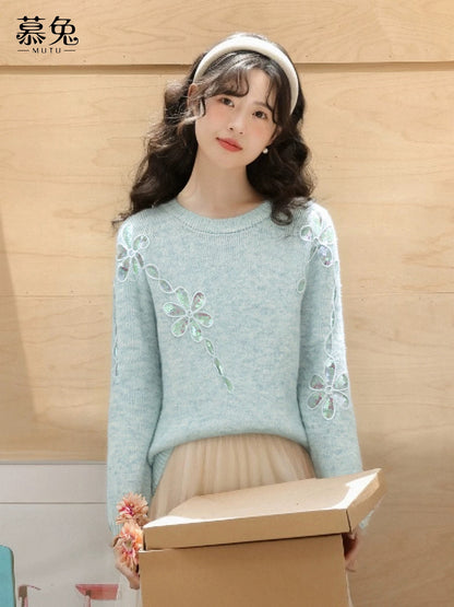 MuTu Gentle Style Patchwork Sequined Flower Sweater for Women, 2025 Winter New Style, Sweet, Loose, Soft and Cozy Knitted Top