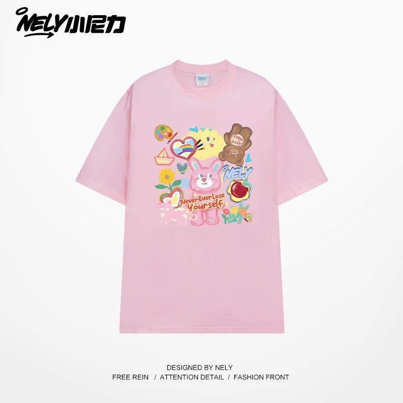 NELY Little Nelly short-sleeved T-shirt men and women cartoon bear 2025 new summer pure cotton loose couple tops trend