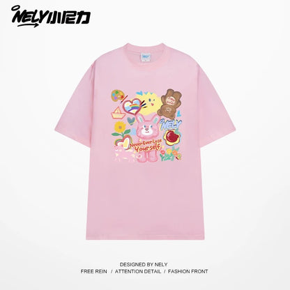 NELY Little Nelly short-sleeved T-shirt men and women cartoon bear 2025 new summer pure cotton loose couple tops trend