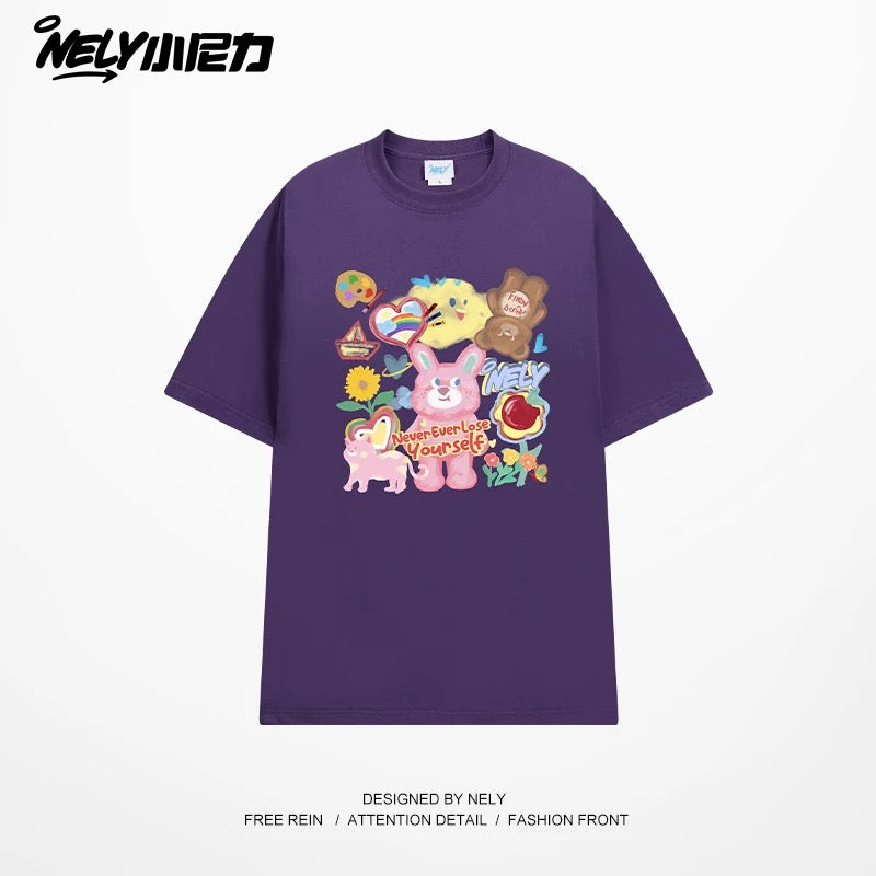 NELY Little Nelly short-sleeved T-shirt men and women cartoon bear 2025 new summer pure cotton loose couple tops trend