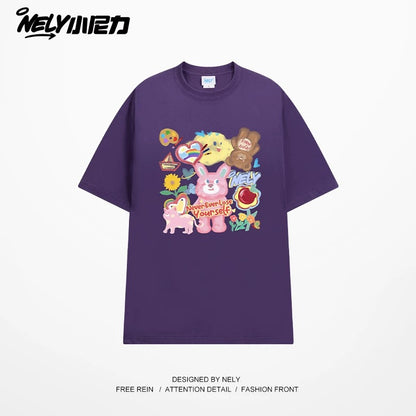NELY Little Nelly short-sleeved T-shirt men and women cartoon bear 2025 new summer pure cotton loose couple tops trend