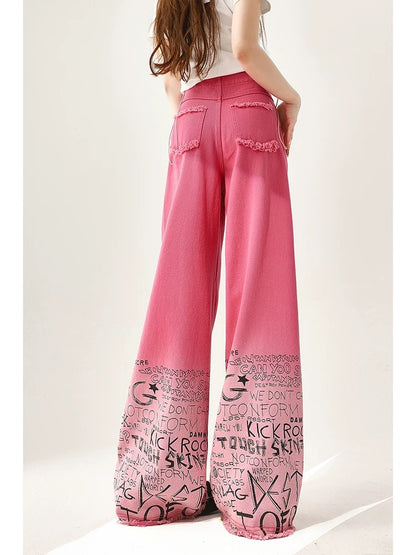 Rose red wide-leg jeans for women 2024 spring and autumn American retro high street ins style straight loose ripped pants