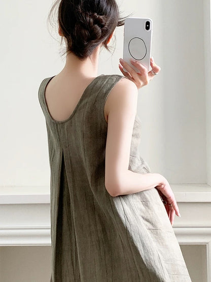 YAHI linen cotton knot design gradient texture sleeveless U-neck dress female summer A-line skirt