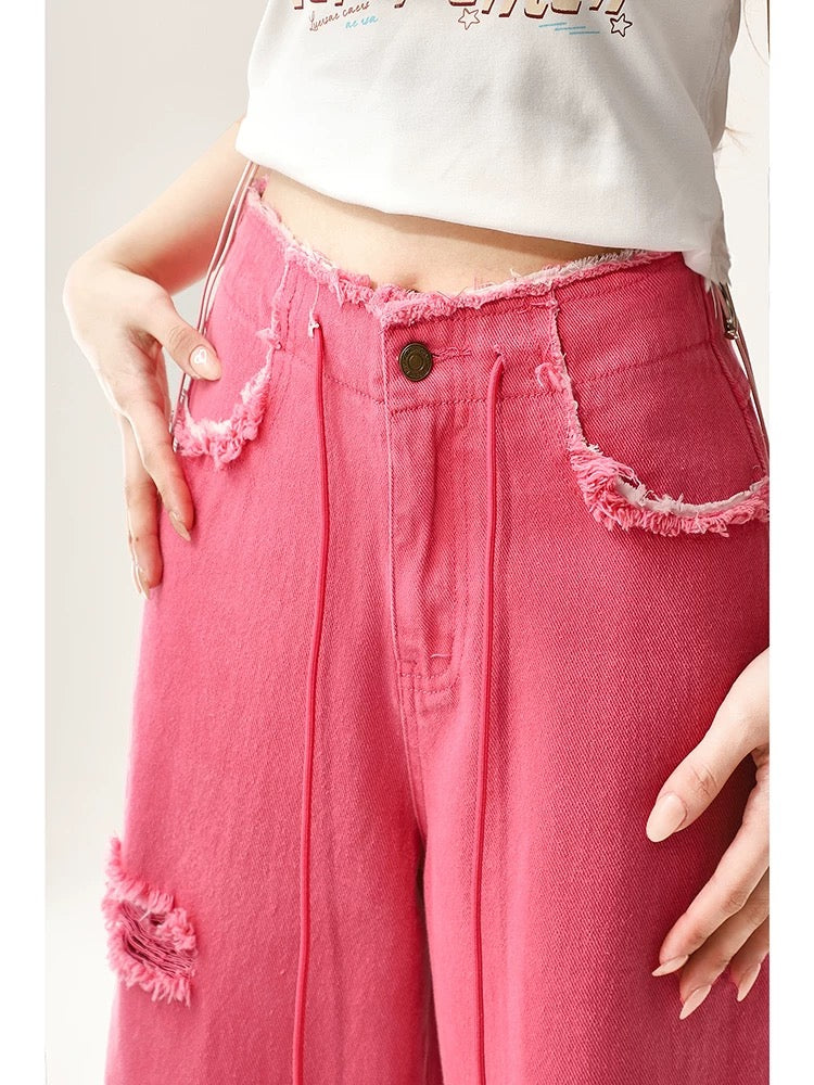 Rose red wide-leg jeans for women 2024 spring and autumn American retro high street ins style straight loose ripped pants