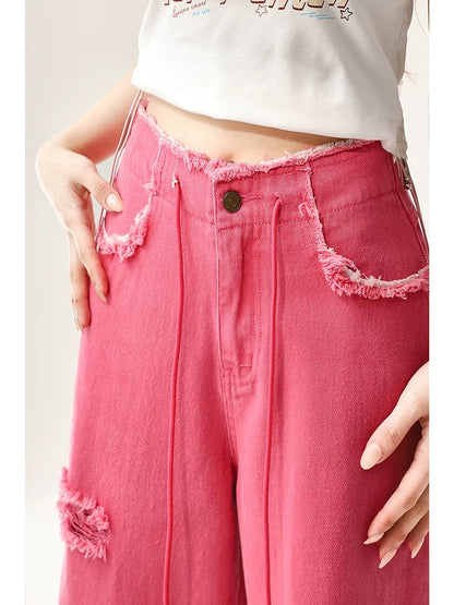 Rose red wide-leg jeans for women 2024 spring and autumn American retro high street ins style straight loose ripped pants