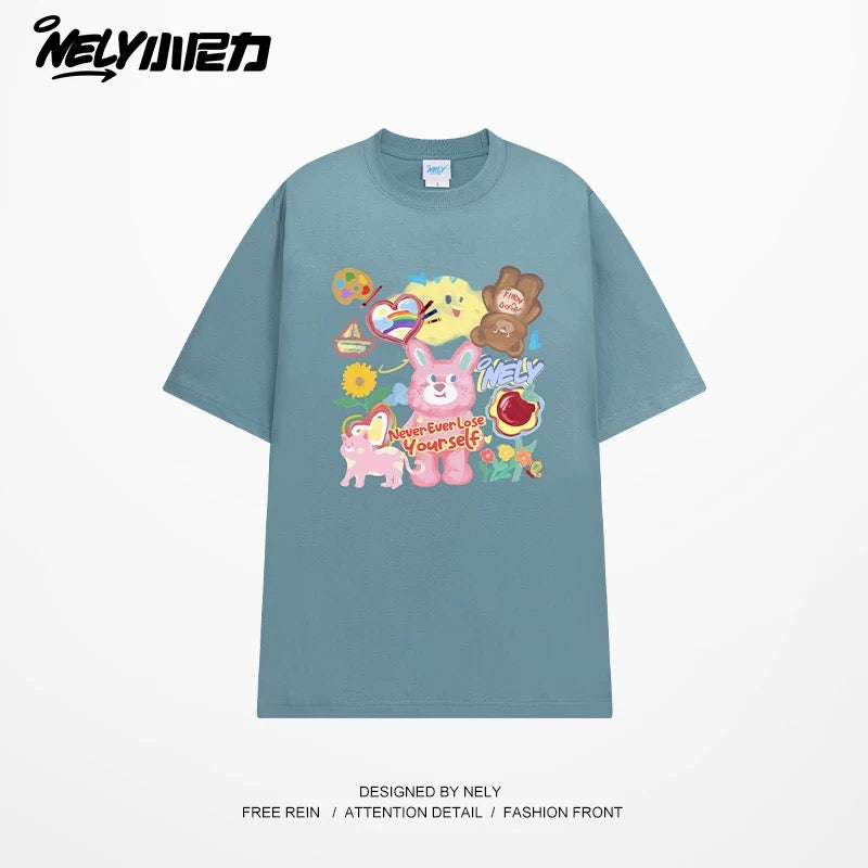 NELY Little Nelly short-sleeved T-shirt men and women cartoon bear 2025 new summer pure cotton loose couple tops trend