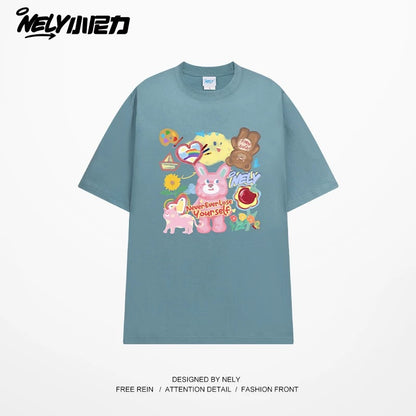 NELY Little Nelly short-sleeved T-shirt men and women cartoon bear 2025 new summer pure cotton loose couple tops trend