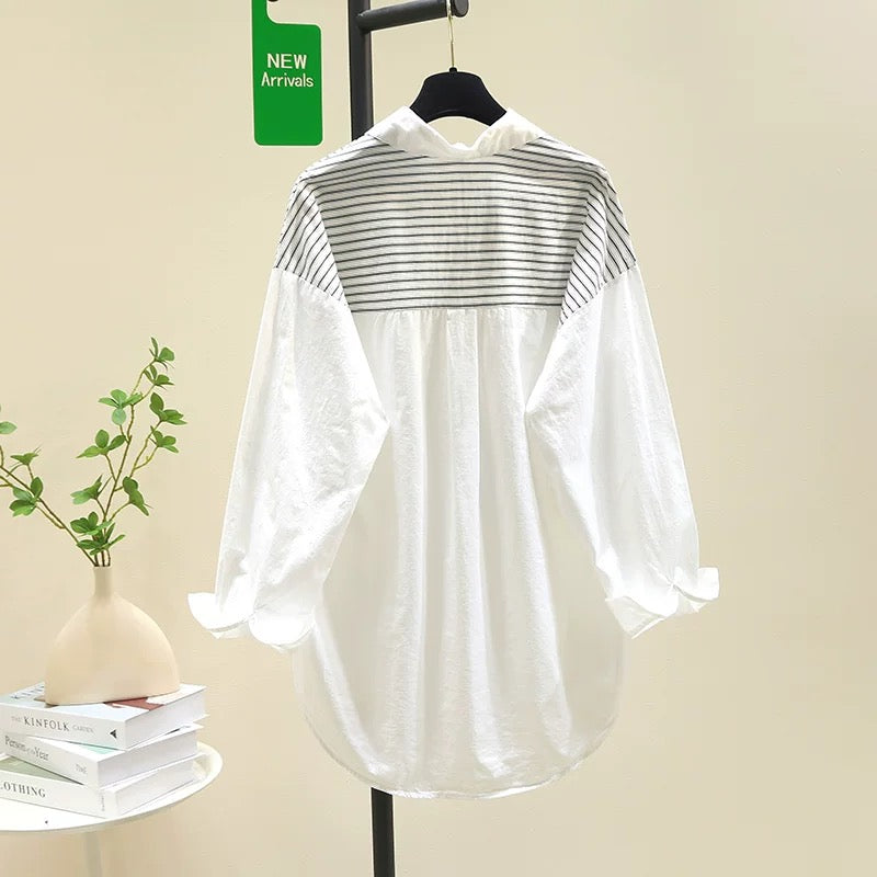 Designed black striped stitching white shirt women's 2024 spring new Korean style loose shirt mid-length top