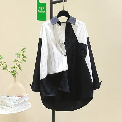 Designed black striped stitching white shirt women's 2024 spring new Korean style loose shirt mid-length top