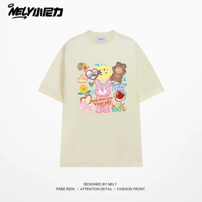 NELY Little Nelly short-sleeved T-shirt men and women cartoon bear 2025 new summer pure cotton loose couple tops trend