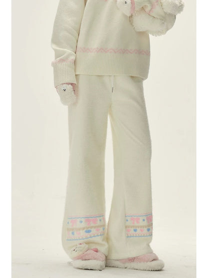 Natural astringent bow plus velvet glutinous rice pants for women autumn and winter 2024 thickened straight slim wide leg loose long pants for small people
