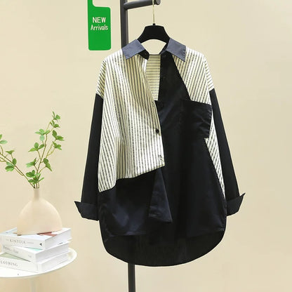 Designed black striped stitching white shirt women's 2024 spring new Korean style loose shirt mid-length top