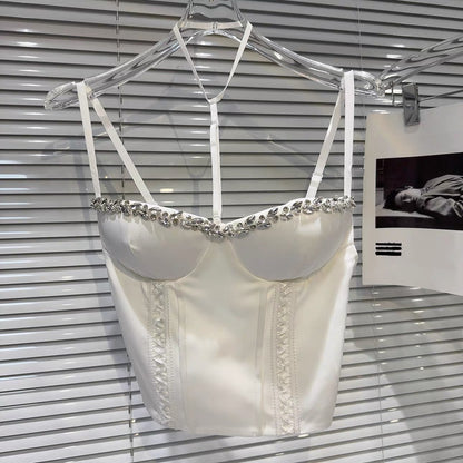 [In Stock] 2026 Spring New Hot Girl Socialite Rhinestone Beaded Trim Strappy Fishbone Bra Pad Halter Neck Tank Top