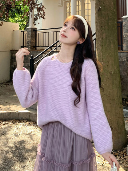 MuTu Gentle Style Purple Beaded Hollow-Out Knit Top for Women, 2025 Winter New Sweet Loose Long-Sleeved Sweater