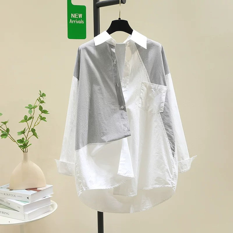 Designed black striped stitching white shirt women's 2024 spring new Korean style loose shirt mid-length top