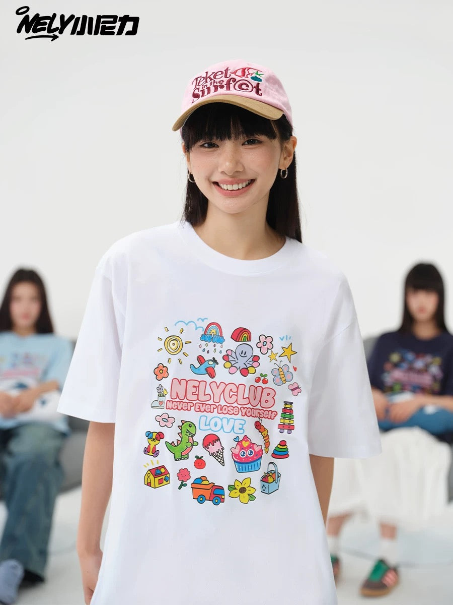 NELY Little Nelly Cartoon Childish Print Short-sleeved T-shirt for Men and Women Summer Fashion Brand All-match Loose Heavy Cotton Top