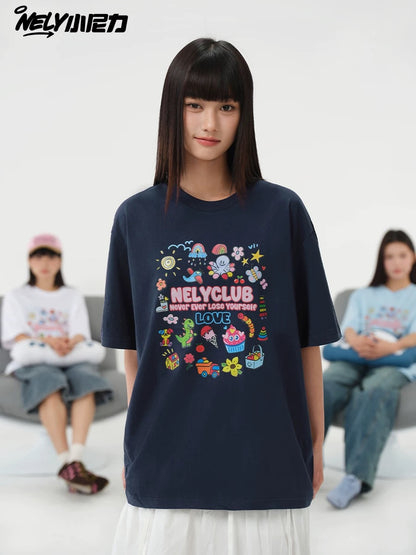 NELY Little Nelly Cartoon Childish Print Short-sleeved T-shirt for Men and Women Summer Fashion Brand All-match Loose Heavy Cotton Top