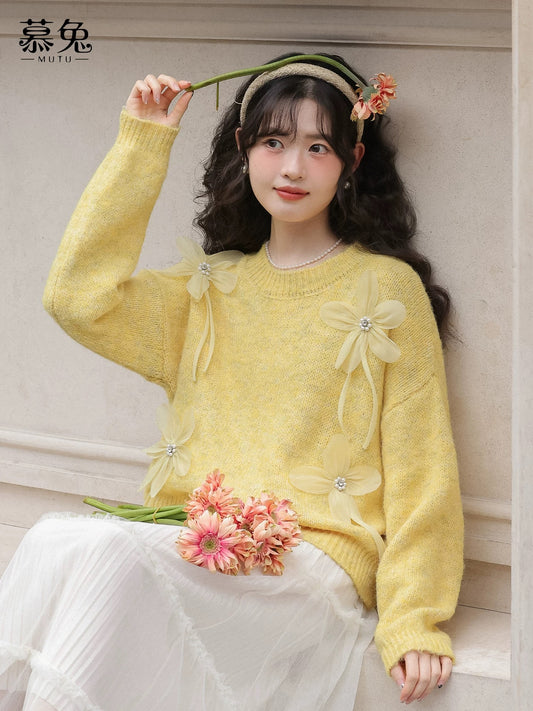 MuTu Gentle Style Purple Round Neck Sweater for Women, 2025 Winter New Style, Loose Soft and Cozy Three-Dimensional Floral Knit Top