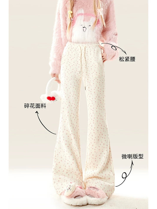 Natural sweet girl floral slightly flared women's autumn and winter 2024 new high-waisted sports and casual sweatpants floor-length long pants