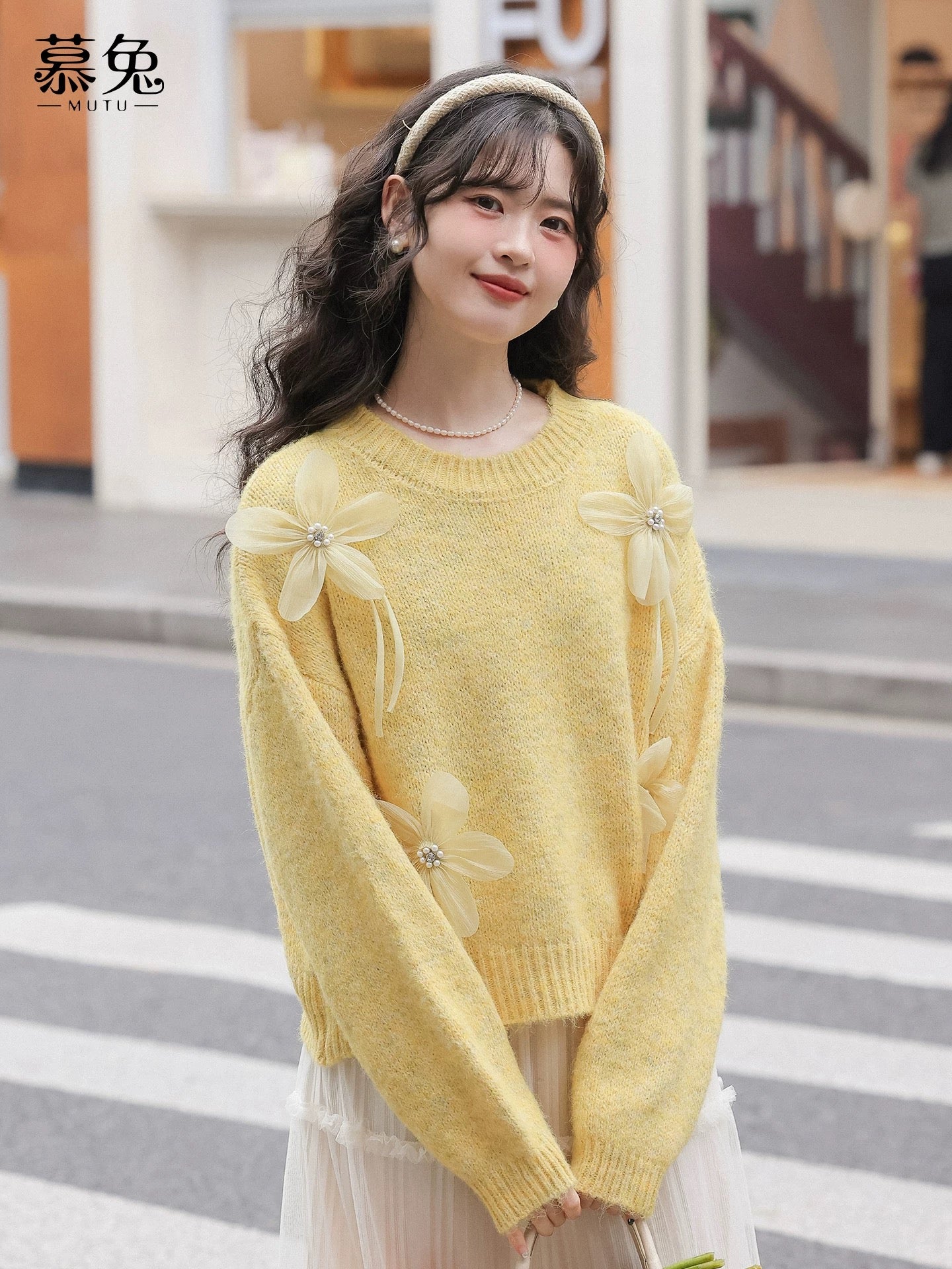 MuTu Gentle Style Purple Round Neck Sweater for Women, 2025 Winter New Style, Loose Soft and Cozy Three-Dimensional Floral Knit Top