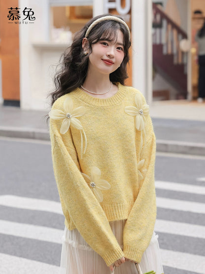 MuTu Gentle Style Purple Round Neck Sweater for Women, 2025 Winter New Style, Loose Soft and Cozy Three-Dimensional Floral Knit Top