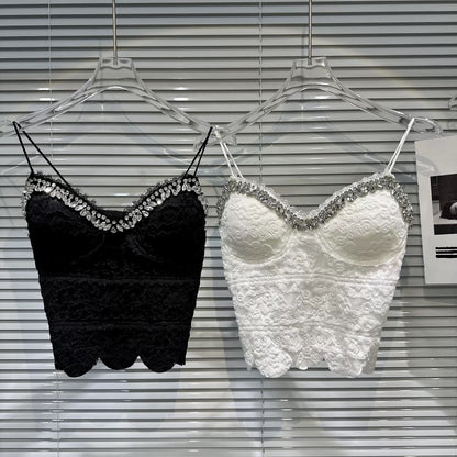 [In Stock] 2026 Spring New Style-Style Sexy Lace Camisole with Rhinestone Trim and Slim Fit with Bra Pads