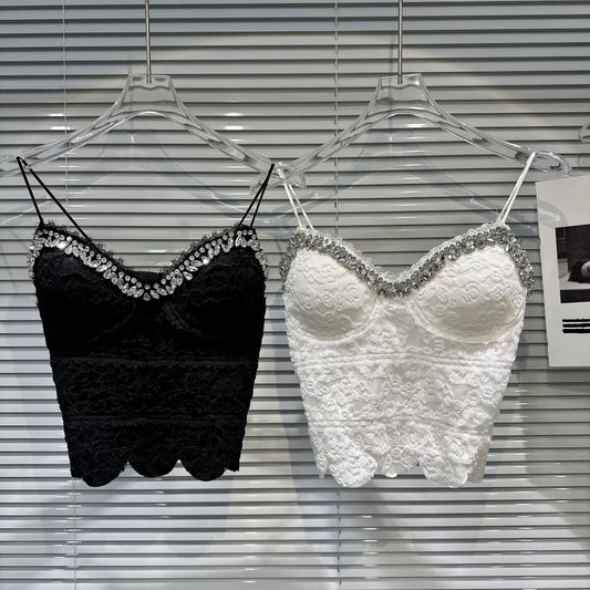 [In Stock] 2026 Spring New Style-Style Sexy Lace Camisole with Rhinestone Trim and Slim Fit with Bra Pads