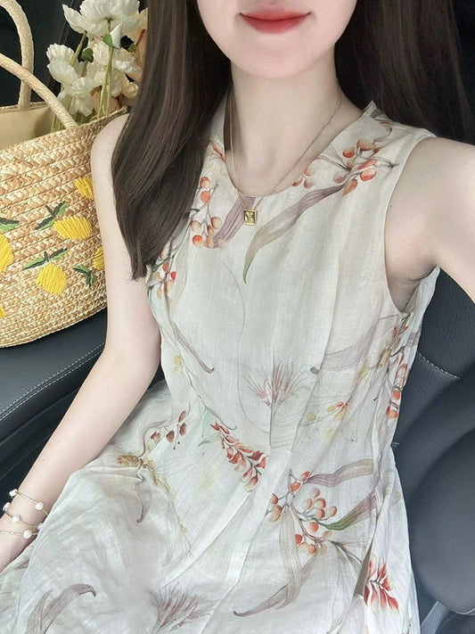 Retro literary style plant-dyed ramie dress for women summer new tea break loose waist sleeveless mid-length skirt