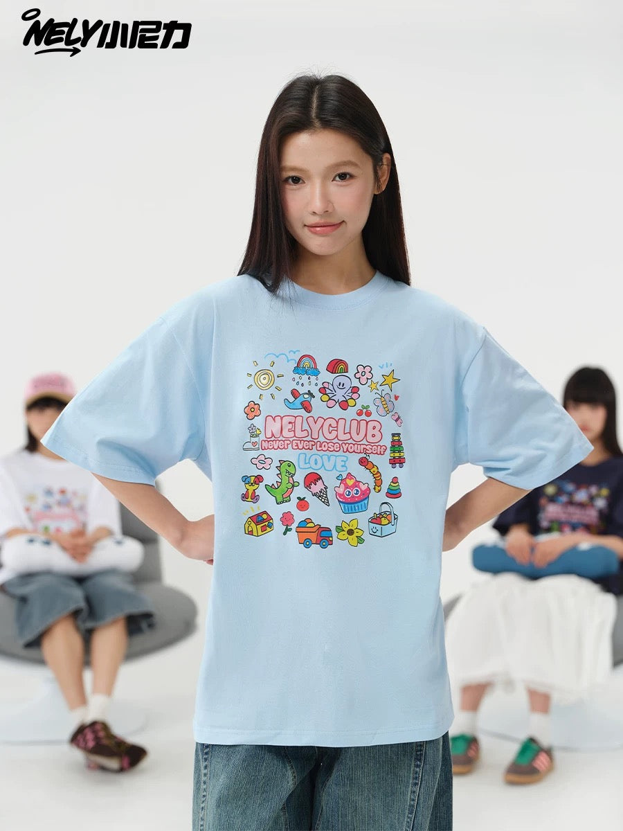 NELY Little Nelly Cartoon Childish Print Short-sleeved T-shirt for Men and Women Summer Fashion Brand All-match Loose Heavy Cotton Top
