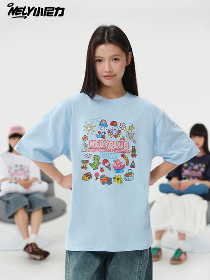 NELY Little Nelly Cartoon Childish Print Short-sleeved T-shirt for Men and Women Summer Fashion Brand All-match Loose Heavy Cotton Top