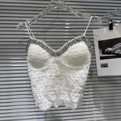 [In Stock] 2026 Spring New Style-Style Sexy Lace Camisole with Rhinestone Trim and Slim Fit with Bra Pads