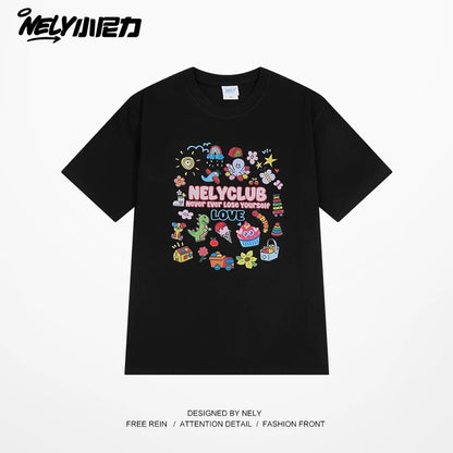 NELY Little Nelly Cartoon Childish Print Short-sleeved T-shirt for Men and Women Summer Fashion Brand All-match Loose Heavy Cotton Top