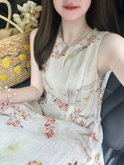 Retro literary style plant-dyed ramie dress for women summer new tea break loose waist sleeveless mid-length skirt