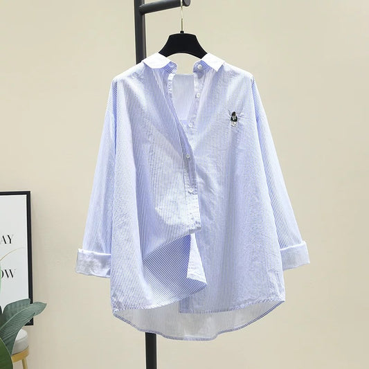 Blue vertical striped embroidered cotton shirt for women 2024 spring new casual literary style shirt bottoming shirt top