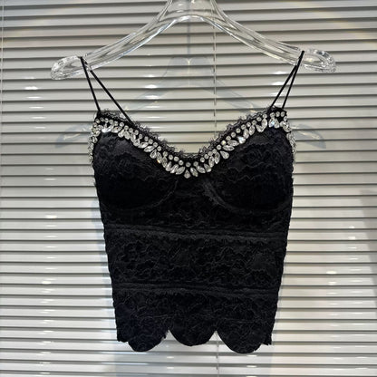 [In Stock] 2026 Spring New Style-Style Sexy Lace Camisole with Rhinestone Trim and Slim Fit with Bra Pads