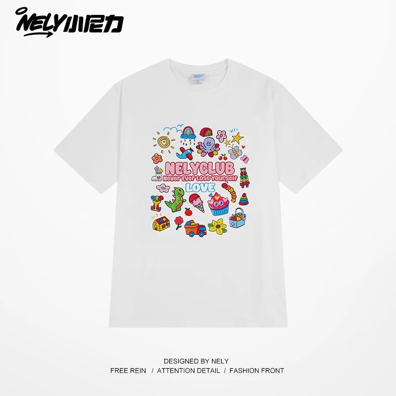 NELY Little Nelly Cartoon Childish Print Short-sleeved T-shirt for Men and Women Summer Fashion Brand All-match Loose Heavy Cotton Top