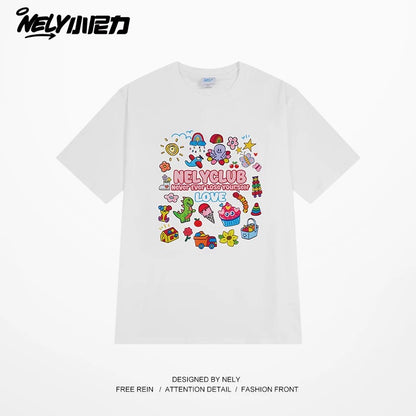 NELY Little Nelly Cartoon Childish Print Short-sleeved T-shirt for Men and Women Summer Fashion Brand All-match Loose Heavy Cotton Top