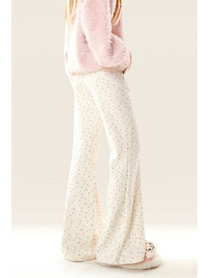 Natural sweet girl floral slightly flared women's autumn and winter 2024 new high-waisted sports and casual sweatpants floor-length long pants