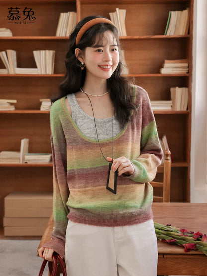 MuTu gradient color patchwork faux two-piece sweater for women, 2025 autumn and winter new style, loose and lazy style, soft and cozy knitted top.