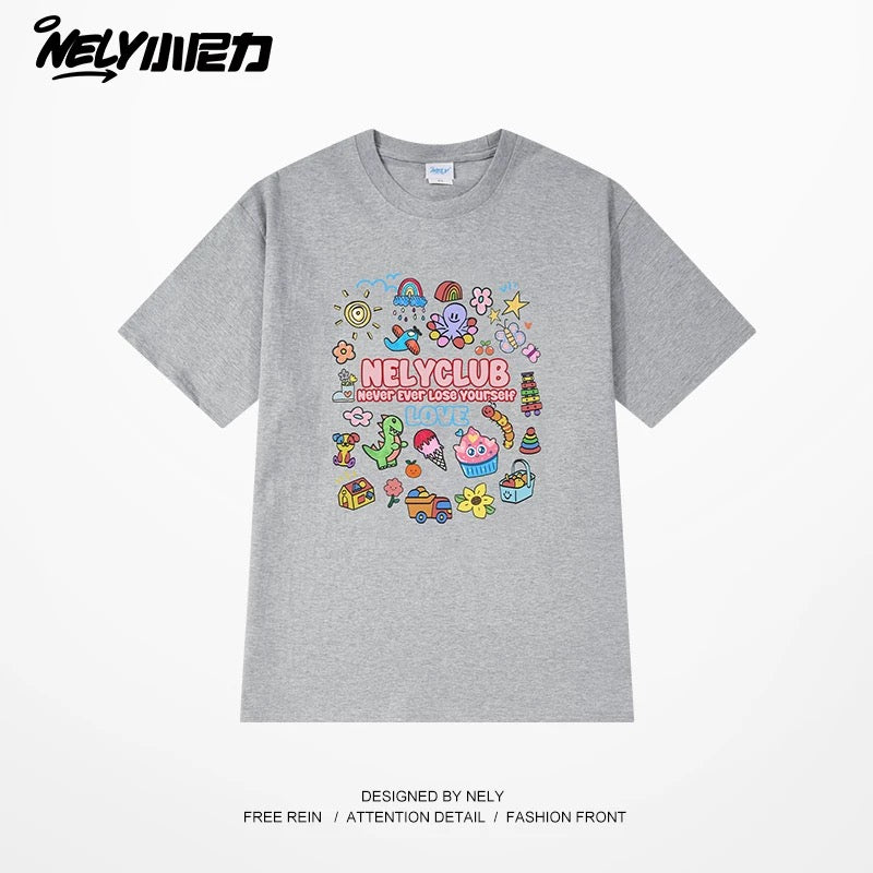 NELY Little Nelly Cartoon Childish Print Short-sleeved T-shirt for Men and Women Summer Fashion Brand All-match Loose Heavy Cotton Top