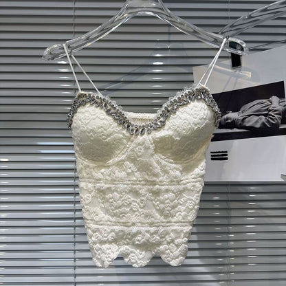 [In Stock] 2026 Spring New Style-Style Sexy Lace Camisole with Rhinestone Trim and Slim Fit with Bra Pads