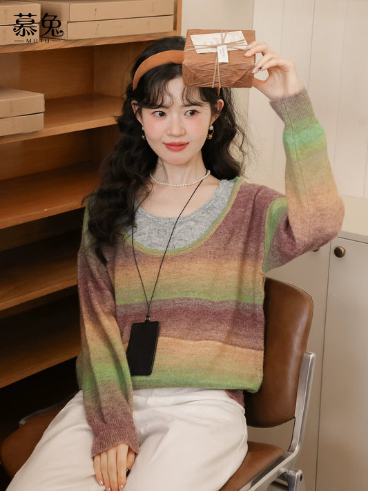 MuTu gradient color patchwork faux two-piece sweater for women, 2025 autumn and winter new style, loose and lazy style, soft and cozy knitted top.