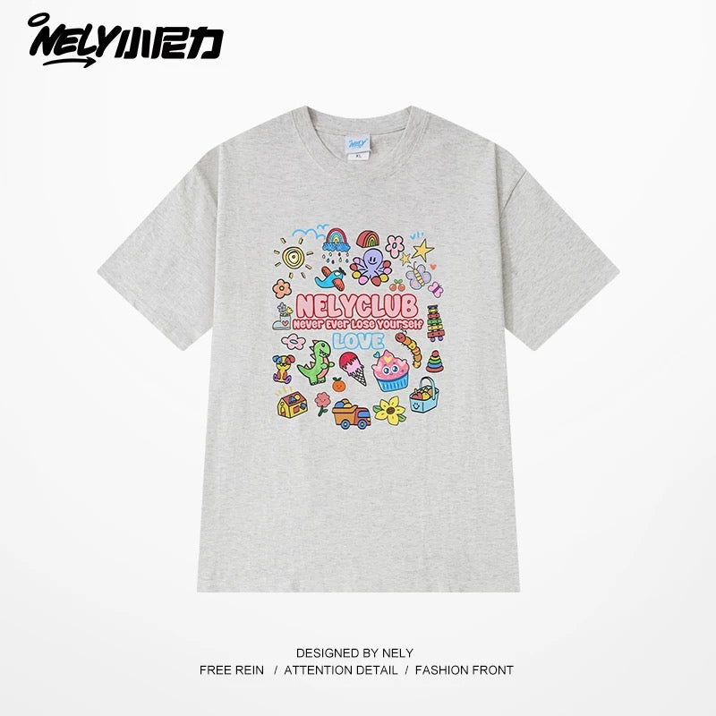 NELY Little Nelly Cartoon Childish Print Short-sleeved T-shirt for Men and Women Summer Fashion Brand All-match Loose Heavy Cotton Top