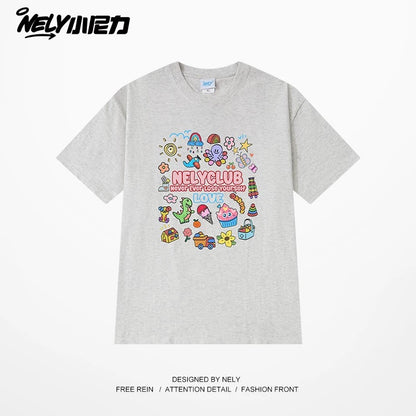 NELY Little Nelly Cartoon Childish Print Short-sleeved T-shirt for Men and Women Summer Fashion Brand All-match Loose Heavy Cotton Top
